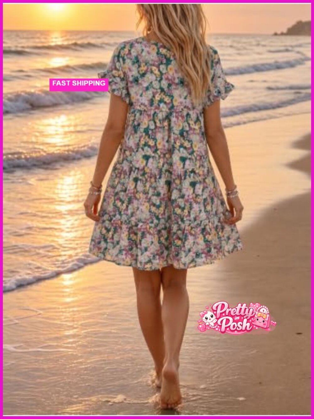 Ruffle Boho Floral Printed Babydoll Loose Swing Mini T-Shirt Dress - Picture 3 of 6
